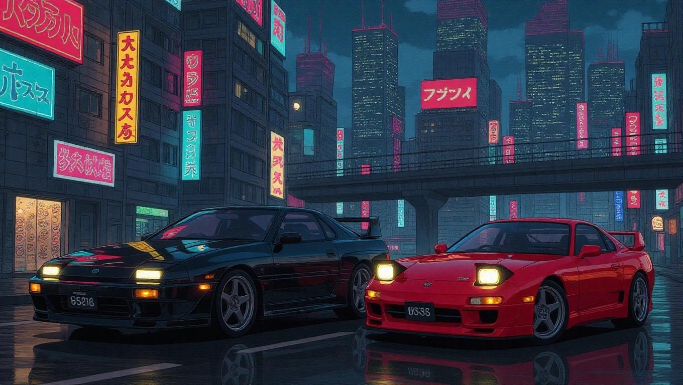 Highly detailed illustration featuring a black Toyota Supra MK3 and a red Mazda RX-7. Setting is a retro-futuristic city inspired by 1980s anime. Neon lights illuminate the scene. Both cars have characteristic designs prominently displayed.
