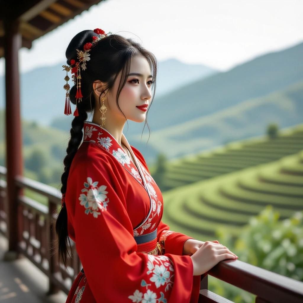 Image of a young woman wearing red traditional attire. She stands in an outdoor space with terraced fields and hills in the background. Hair styled in braids with red adornments. Peaceful expression while gazing into the distance. Overall atmosphere is tranquil and natural with soft lighting and warm tones.