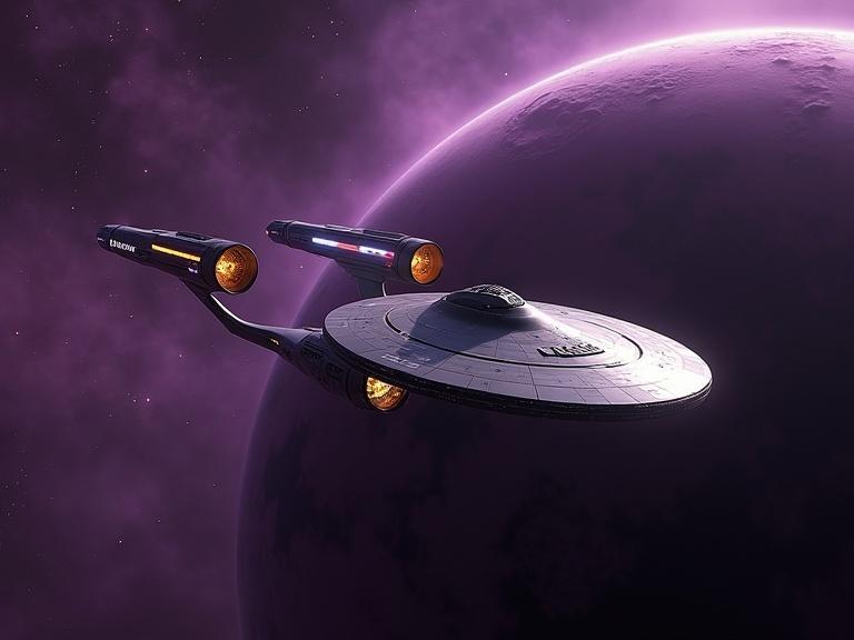 A starship resembling those seen in Star Trek: The Next Generation. The starship orbits a vivid purple planet. The ship is designed with a saucer section and warp nacelles. Stars are visible in the background. The lighting highlights the ship's features with a purple hue from the planet. Cosmic environment sets the tone of exploration and adventure.