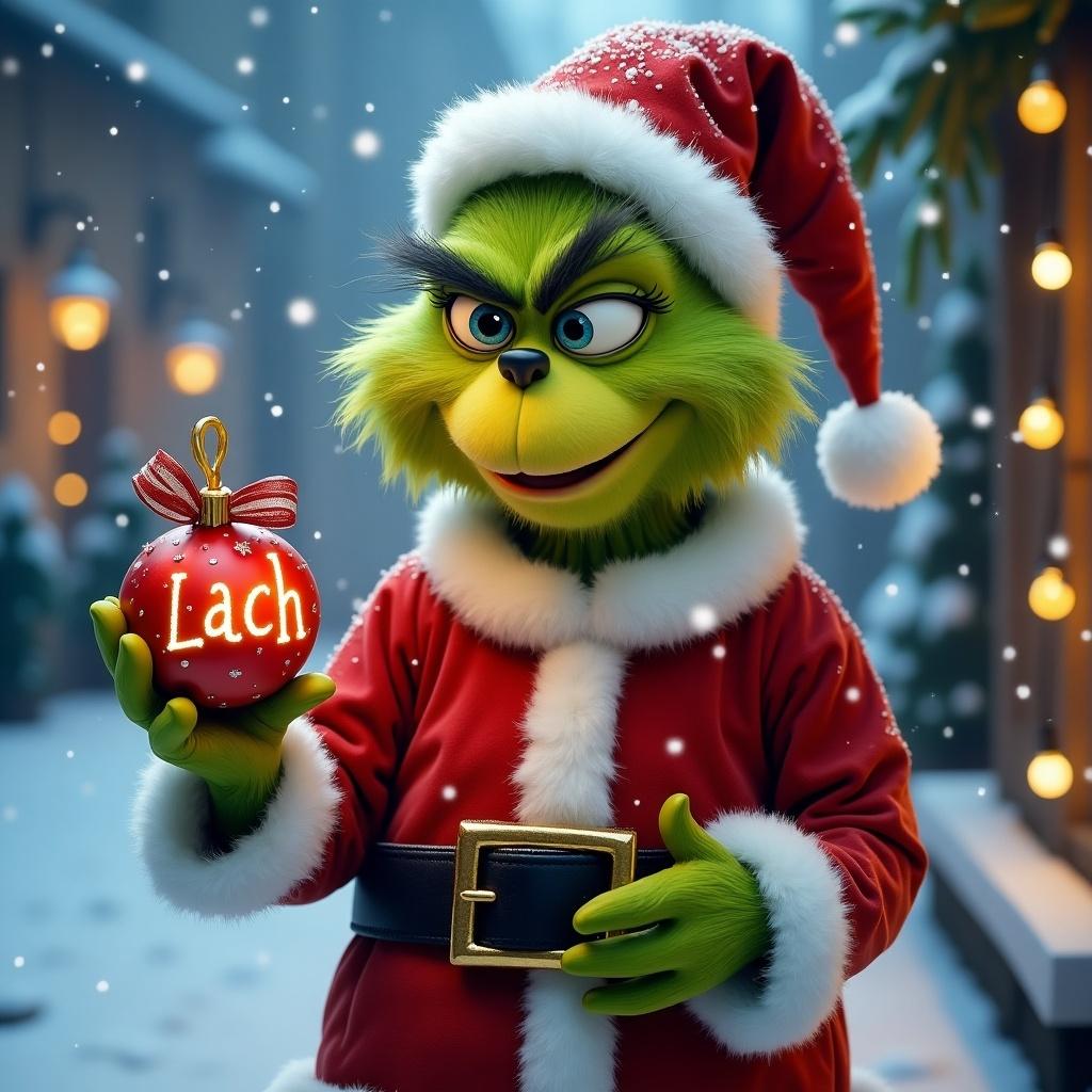 Grinch character in Santa suit holding Christmas ornament. Snowy background with Christmas lights.