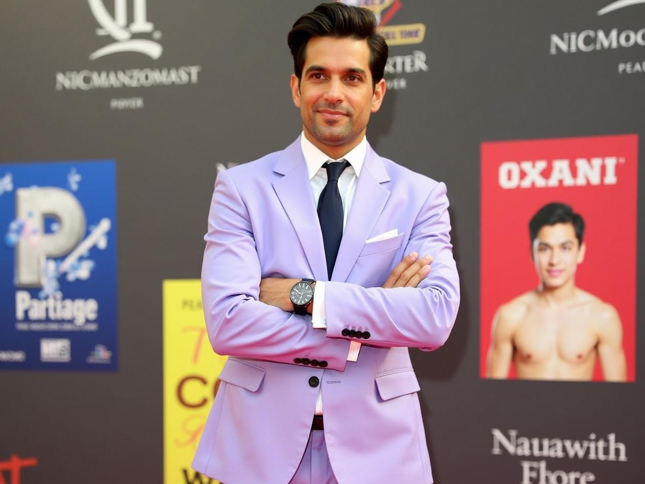 The image features a person dressed in a formal outfit. He is wearing a light purple suit, complemented by a white shirt and a dark tie. His arms are crossed in front of him, displaying a confident posture. A watch is visible on his wrist, adding a touch of elegance to his attire. In the background, there are colorful promotional materials, suggesting that the setting may be related to an event or presentation.