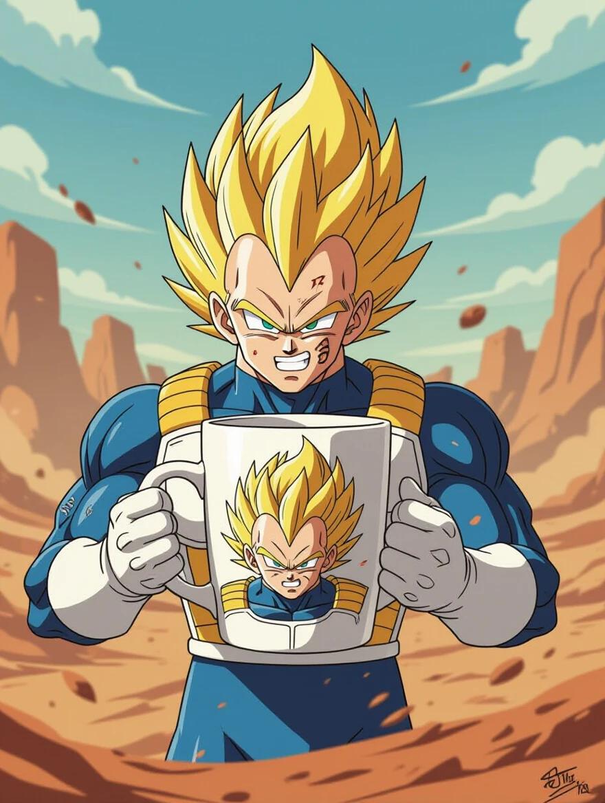 Super Saiyan Majin Vegeta holding a white mug with his own illustration on it. Background features a desolate wasteland with swirling dust and energy, in a DBZ battle atmosphere, portrayed in a 3:4 portrait orientation.