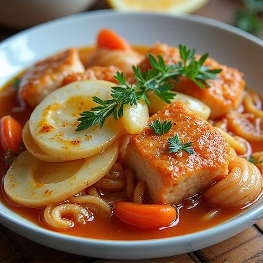 A beautifully plated dish of salmon with vegetables and broth. Includes yellow noodles, slices of potato, and garnished with fresh herbs. Bright and appetizing colors.