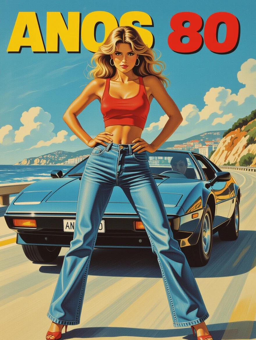 An action movie poster featuring a girl from the 1980s. She stands confidently with a super car behind her. She wears slim jeans and a red top. The scene is set in Portugal with a coastal backdrop and vibrant colors.