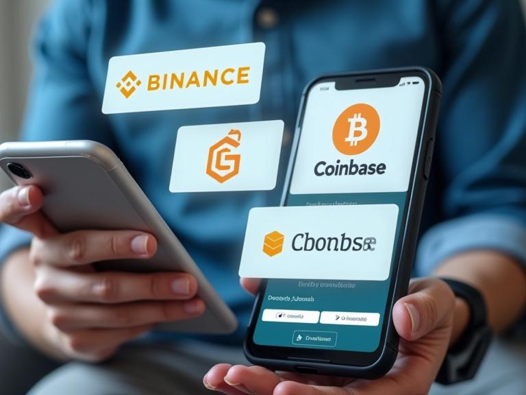 Logos of Binance, Bitso, and Coinbase show on a smartphone interface showing crypto deposits. Text includes Deposit secure and Verify your identity. Person uses two-factor authentication with a phone and happy expression.