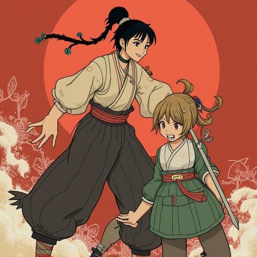 Illustration of two characters in traditional attire. Characters are smiling and engaged with each other. Background features a large red circle indicating the sun. Soft floral elements surround the characters.