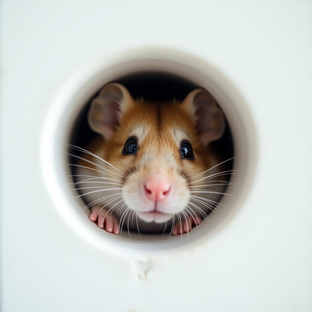 High detail photograph of a small animal peeking through a small hole in a white surface. The image conveys a sense of mystery and intrigue while emphasizing the small animal's presence.