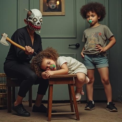 A playful scene featuring a mother holding a toy axe. A young girl rests her head on a stool while her siblings wait nearby. The family atmosphere is fun and lighthearted. The mother wears a unique executioner mask to enhance the playful theme. The children have large pacifiers and seem engaged in a comedic scenario.