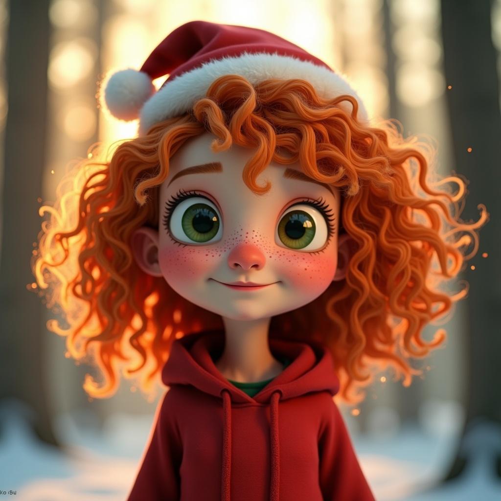 A whimsical animated character resembling a Christmas Whoville woman. Vibrant orange curly hair and large expressive green eyes. Cute freckles on her skin. Magical forest background with soft light filtering through trees. Warm red hoodie and a Santa hat. Overall cheerful and imaginative tone for an older audience.