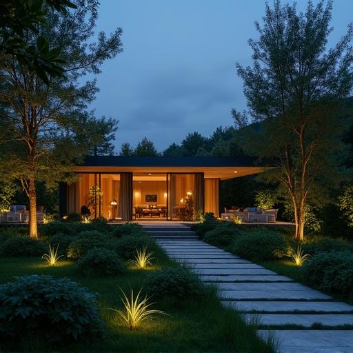 Night view of a unique Iranian architectural house surrounded by nature. Soft warm lights illuminate the garden pathways. Lush greenery creates a tranquil atmosphere.