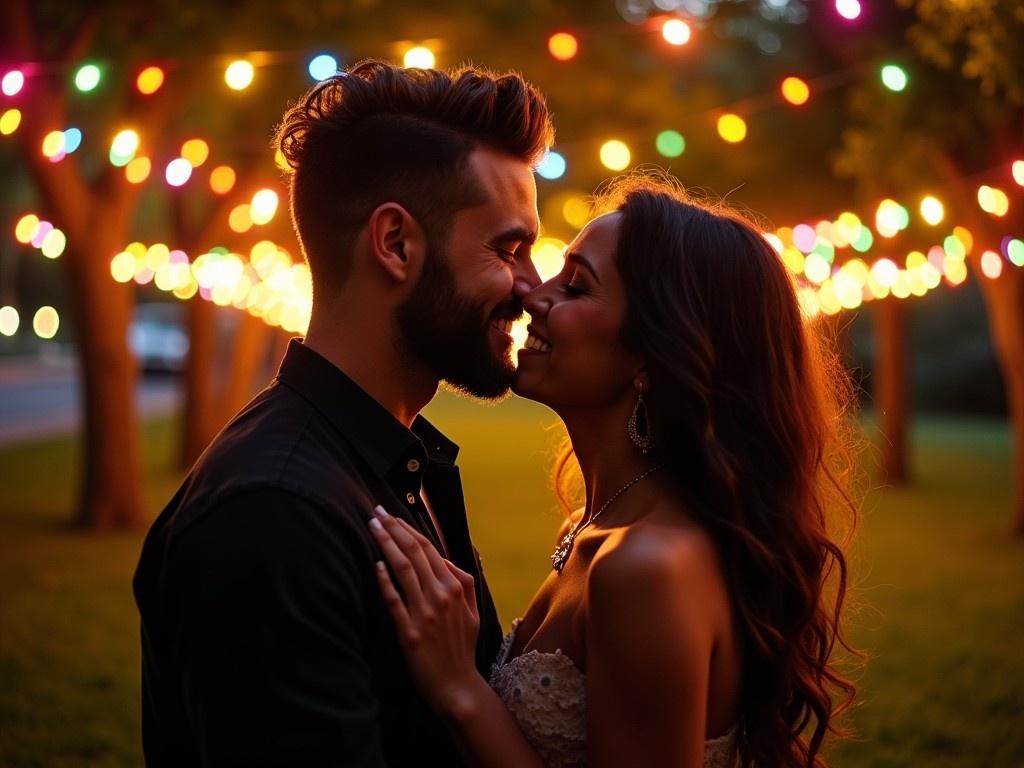 A couple sharing a romantic kiss in a lush green park under soft daylight. The scene is alive with vibrant string lights creating a warm, dreamy atmosphere at night. The couple is silhouetted against the glowing lights, enhancing their closeness. The male has a stylish haircut and beard, while the female has long, flowing hair. Both appear happy and connected, immersed in this intimate moment, surrounded by a softly blurred background.