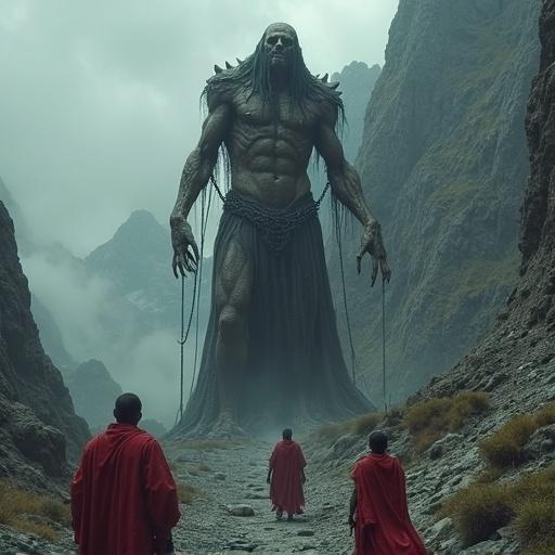 A gigantic statue of an emaciated eldrich horror bound in chains to a mountain. Red-robed men worship the statue. The scene reveals a dark fantasy atmosphere.