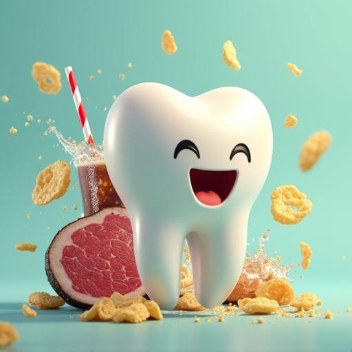 Digital illustration of a shiny white tooth floating in mid-air surrounded by harmful foods. Includes raw marbled steak, soda cup with straw, crispy potato chips, and snack crumbs. Tooth appears resilient and clean. Soft teal background. Dynamic composition with food particles in motion.