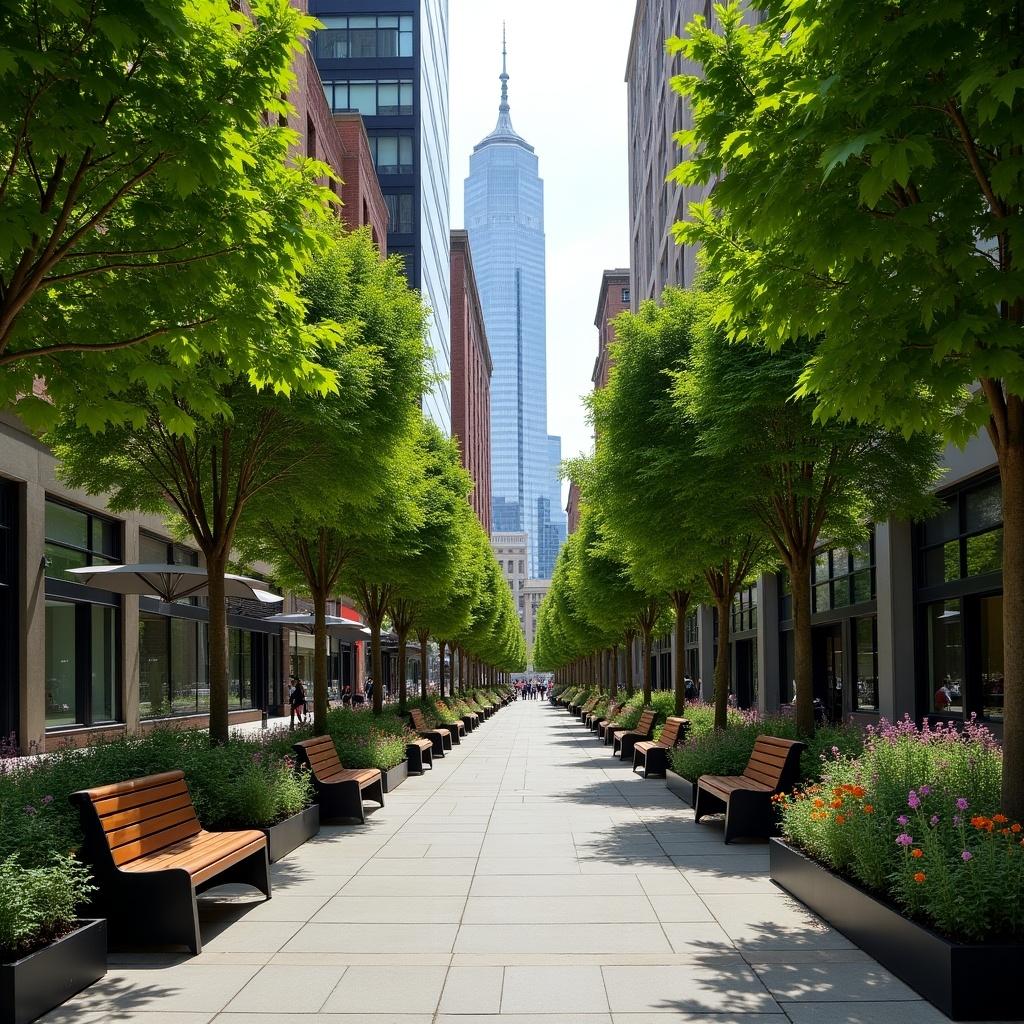 A narrow city alley is beautifully designed, lined with vibrant shade trees on either side. Towering skyscrapers emerge in the background, highlighting urban life. Along the ground, there are lush rain gardens and colorful flowerbeds that enhance the aesthetic. Generous bench seating rests under the comforting shade of the trees, inviting passersby to relax. The scene is filled with bright daylight, contributing to the lively atmosphere of this urban space.