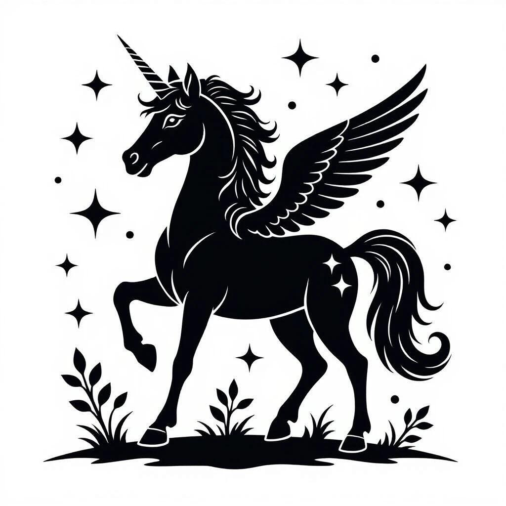 Simple stencil of a vintage unicorn. Simplified monochrome vector art stencil. Strong outline in black silhouette against a solid white plain background. Suitable for laser cutting with clean lines, high contrast, and disconnected black patches.