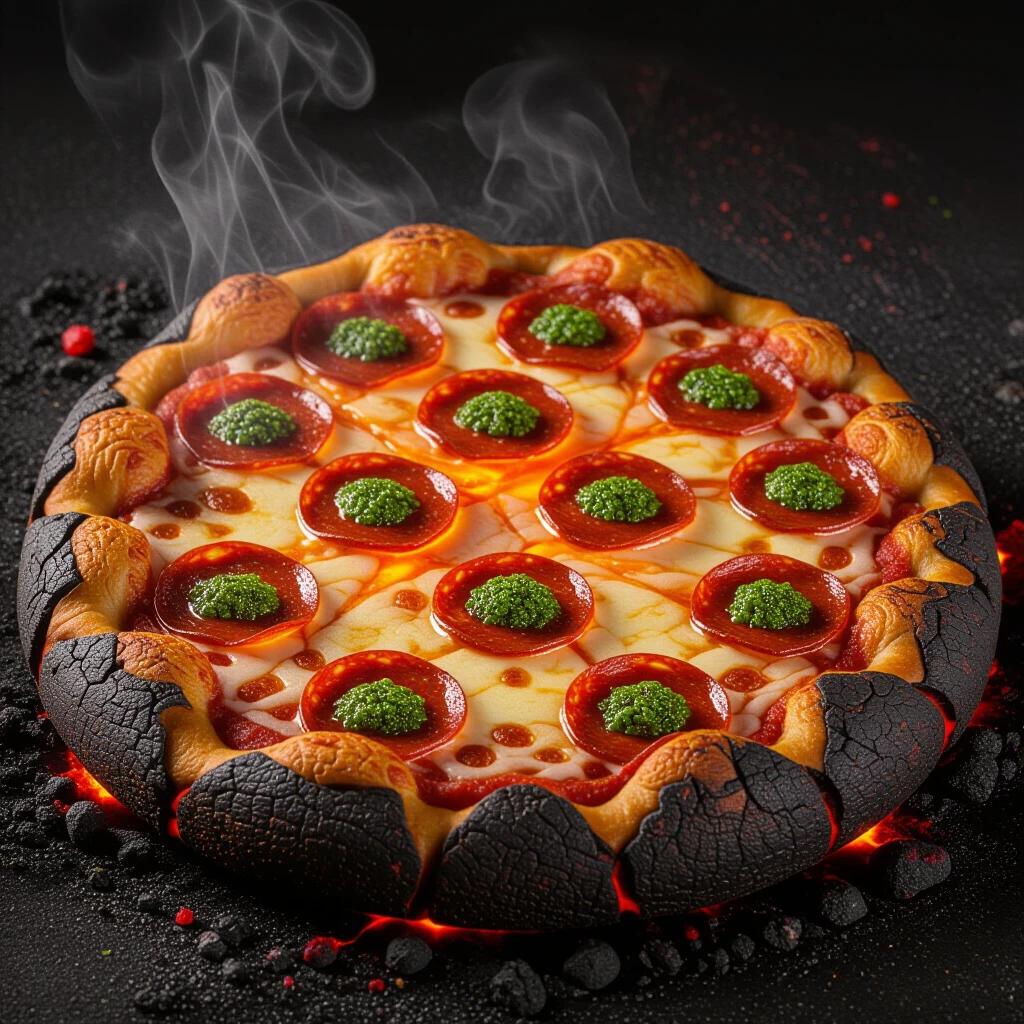 Bubbling molten pizza, crust of hardened volcanic rock, visible lava cracks. Cheese is vibrant magma, topped with obsidian pepperoni, glistening emerald moss. Smoke billows from edges.