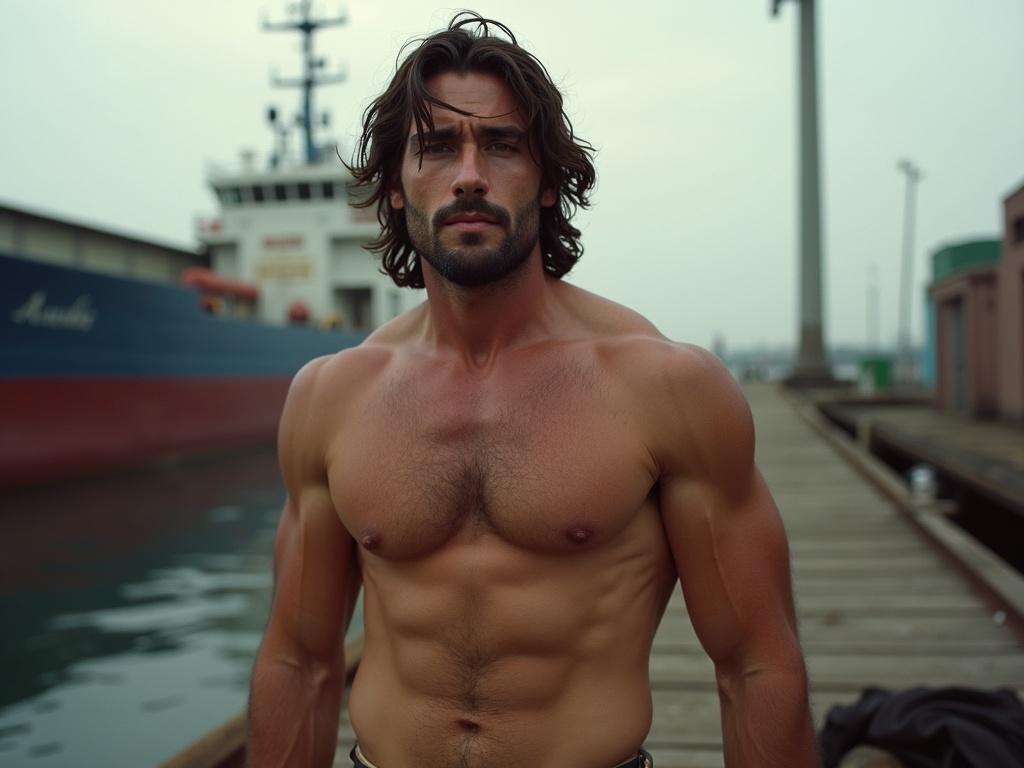 Handsome Italian man is shirtless with mid-length swept-back hair. The man has chiseled features and is 26 years old. He stands by an industrial dock in rural Italy during late afternoon. He has a muscular build and a hairy chest.