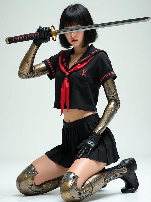 A young woman in a black sailor uniform holds a katana. She has cybernetic arms and legs made of gold and grey metal. Her pose is a battle stance, kneeling with the katana across her face. She has a red ribbon tie and an emblem on her breast pocket. The setting is a bright studio with intricate details and a photorealistic style.