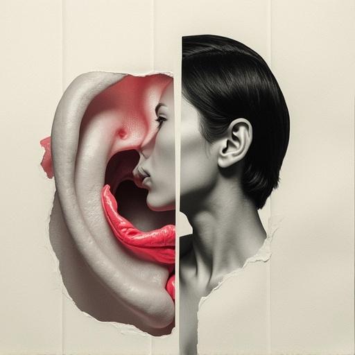 A high-resolution collage-style artwork features a hyper-realistic large human mouth and a large human ear. The mouth appears exaggerated in size while whispering into the ear. The elements are cut from black and white portraits. There are soft, colorful shadows separating them from the off-white paper background. The design is modern and editorial with classic textures and hints of pop art. Arranged in a radial shape.