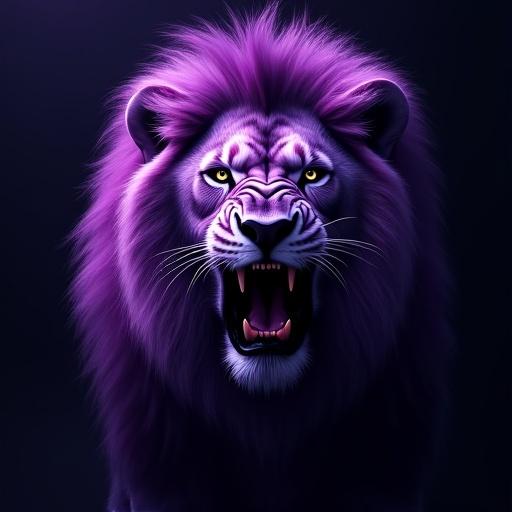 Iconic vision of a purple lion. Realistic portrayal of an angry lion. Dark background enhances the dramatic effect.