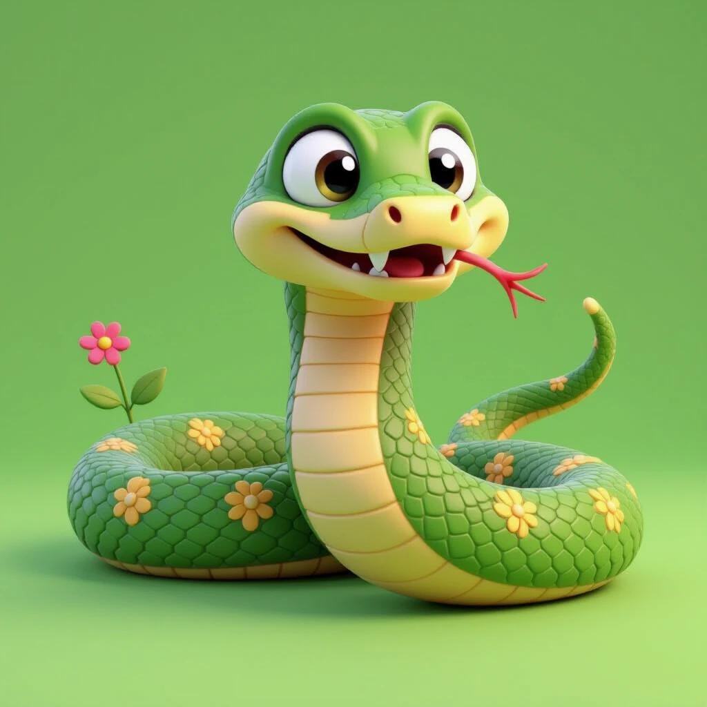 Cute 3D cartoon style snake on bright green background. The snake is smiling with a flower beside it.