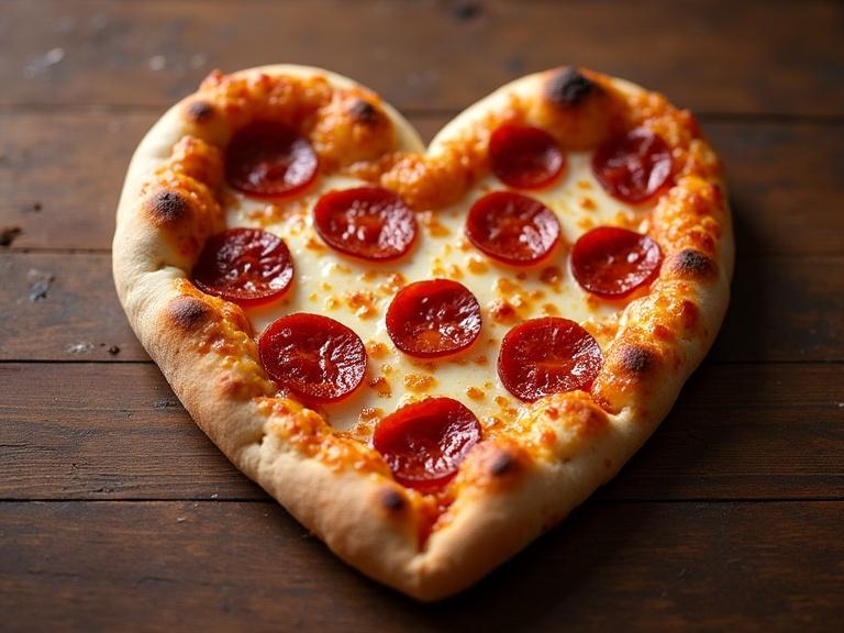A pizza shaped like a heart with pepperoni slices arranged inside. The crust is golden and slightly chewy. The cheese is melted and bubbly.