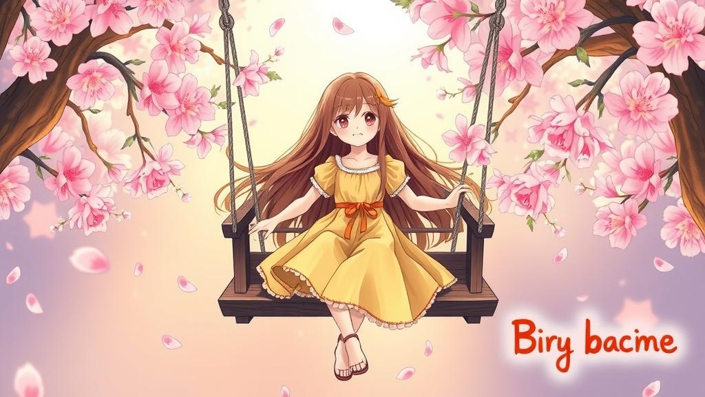 A girl in a yellow dress swings under cherry blossom trees with petals floating around.