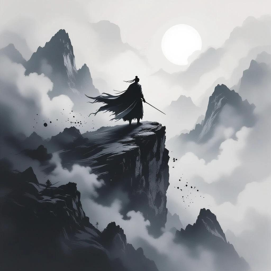 A lone warrior stands on a windswept cliff. Ink splashes form mountains and storm clouds. The image has dramatic black and white contrast. Bold brushstrokes create a cinematic composition. A flowing cloak merges with ink waves. Intense atmosphere and epic tone characterize the scene. It is in traditional Japanese ink art style. The design is minimalist yet powerful. Dynamic lighting and expressive textures enhance the visuals.