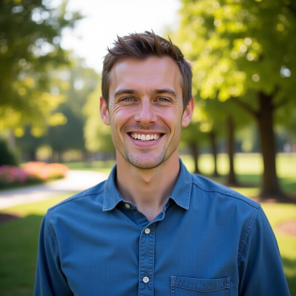 Individual standing outdoors in a park surrounded by greenery. Daytime setting with soft sunlight. Casual clothing in a relaxed pose.