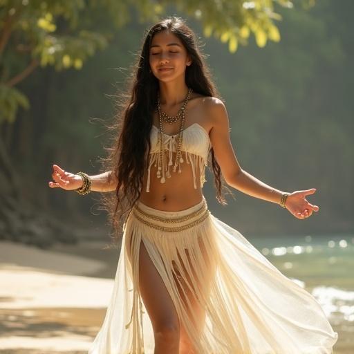Young girl with long dark hair dances joyfully on sunny beach. She wears loin cloth and gold jewelry. Scene is bright with cheerful atmosphere. Enchanting girl meditates in misty forest wearing white gown.