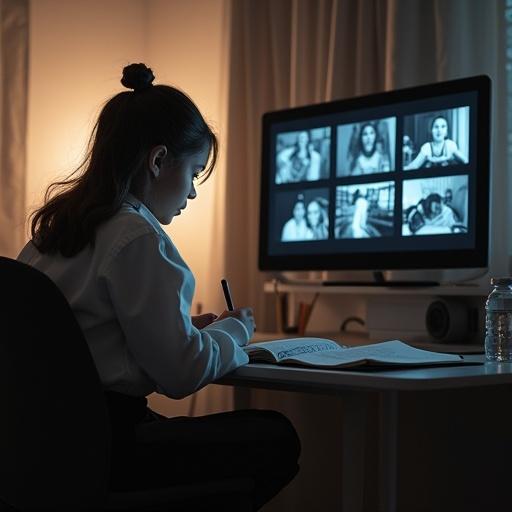 A young girl with mauve hair and bangs in a tight black and white space outfit sits in a prison cell that looks like a teenager's room. She sketches in a notebook with a black pencil. The warm lighting highlights her concentration. Observed from behind a one-way mirror, scientists in white coats watch multiple screens showing different angles of the cell. A desk displays 12 small retro surveillance monitors and a central microphone.