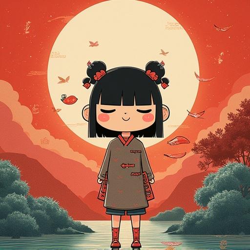 This image is a colorful illustration featuring a cheerful child character against a red background with a large sun. The child has black hair styled in pigtails and wears traditional clothing. The scene includes stylized nature elements like trees and birds. The artwork has a playful and whimsical style.