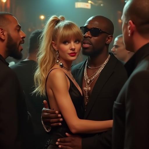 Taylor Swift and Biggie Smalls in an underground nightclub scene. Taylor has a long blonde ponytail and blue eyes. She's wearing a black prom dress and high heels. Biggie is holding her closely. Other gangsta rappers surround them. Full body shot with a side angle.
