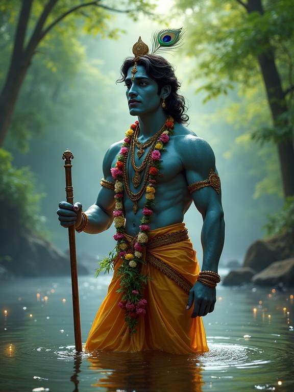Realistic majestic depiction of a strong masculine divine figure. Inspired by Lord Krishna. Standing confidently in serene forest river. Natural skin tone with hint of blue. Defined features and muscular build. Wears peacock feather crown. Traditional jewelry and fresh flower garland. Holds wooden flute in one hand. Ambient light filters through green trees. Soft mist and glowing fireflies create lifelike magical atmosphere.