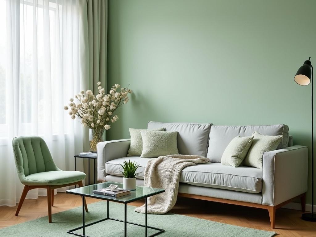 The living room is styled in a modern and cozy manner. A light grey sofa sits against a soft green wall, adorned with fluffy cushions matching the palette. A textured throw blanket is casually draped over the arm of the couch, inviting relaxation. To one side, a sleek glass coffee table complements the contemporary theme. A pastel green chair adds an element of comfort, while a stylish vase filled with fresh flowers enhances the warm atmosphere. Natural light filters through sheer curtains, creating a calm and welcoming vibe.