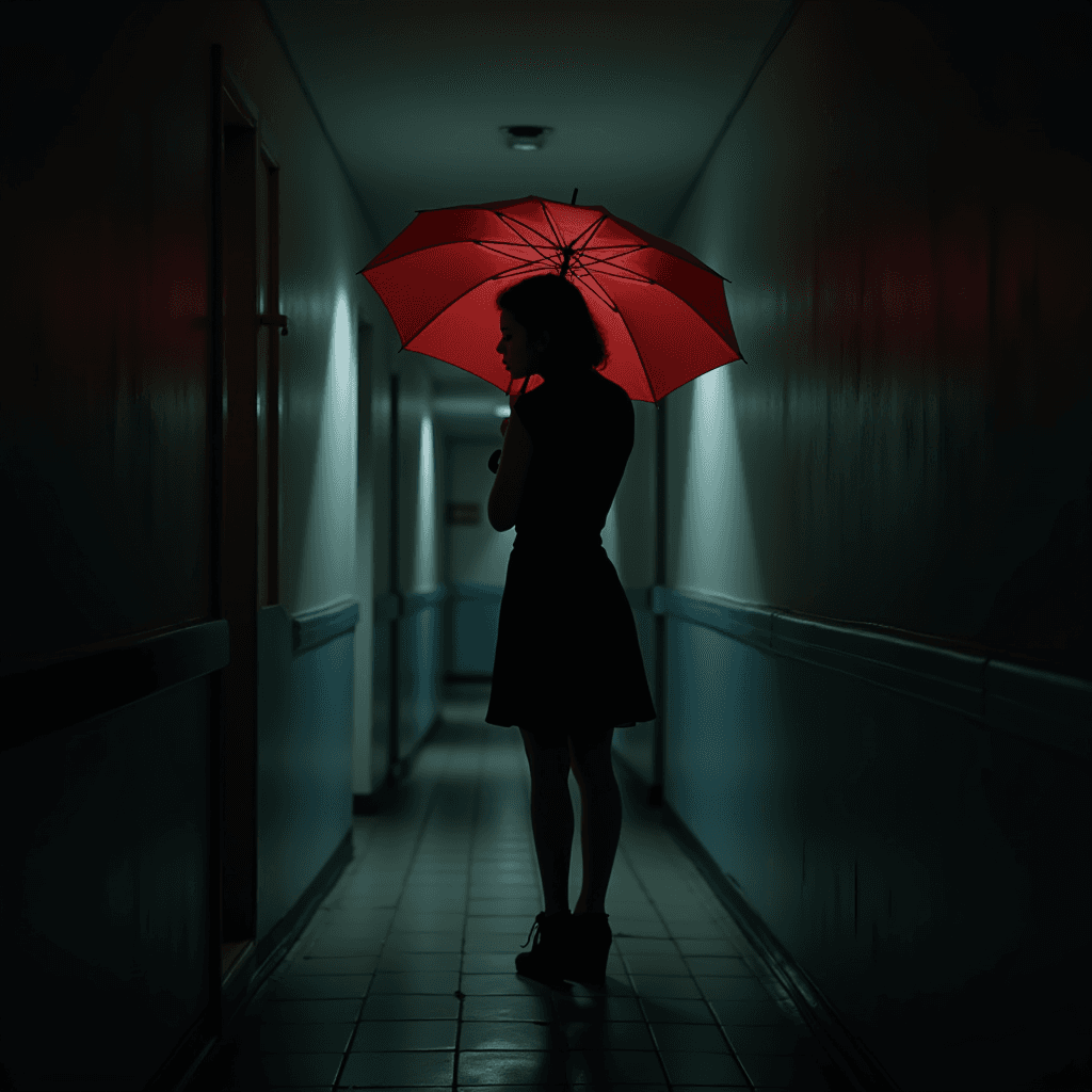 A silhouette of a person holding a red umbrella stands in a dimly lit corridor, creating a striking contrast against the dark surroundings.