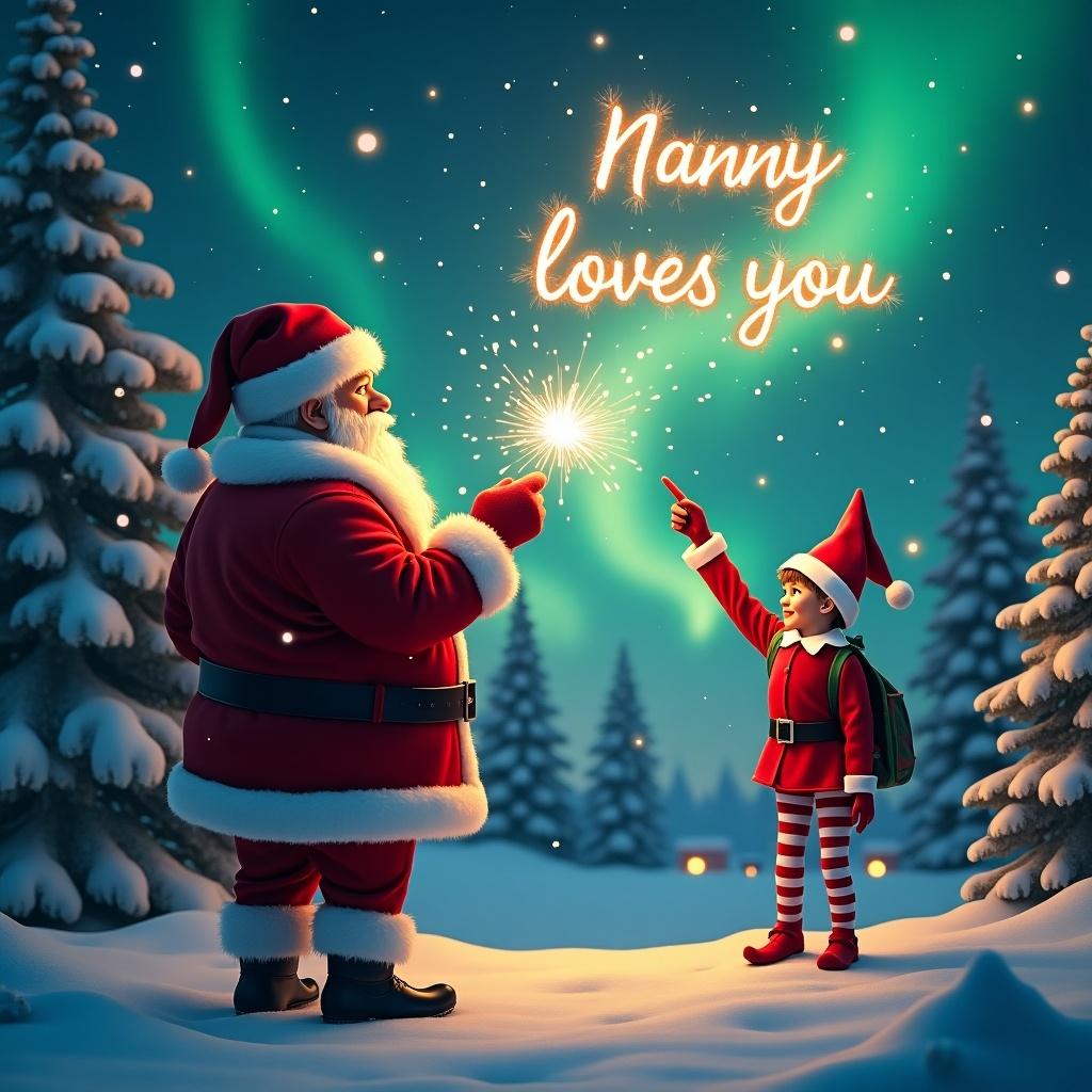 Santa Claus stands in a snowy landscape with an elf. Nanny loves you is written in the sky. The scene is filled with winter charm and festive spirit. Glowing northern lights illuminate the background. Snowflakes are gently falling around them.