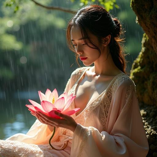 A Korean masseuse dressed in a silk hanbok with lace panels reclines in a rain-drenched garden of a hanok. She holds a lotus flower, glistening with raindrops, in her hands. Surrounding foliage and sunlight create a serene atmosphere.