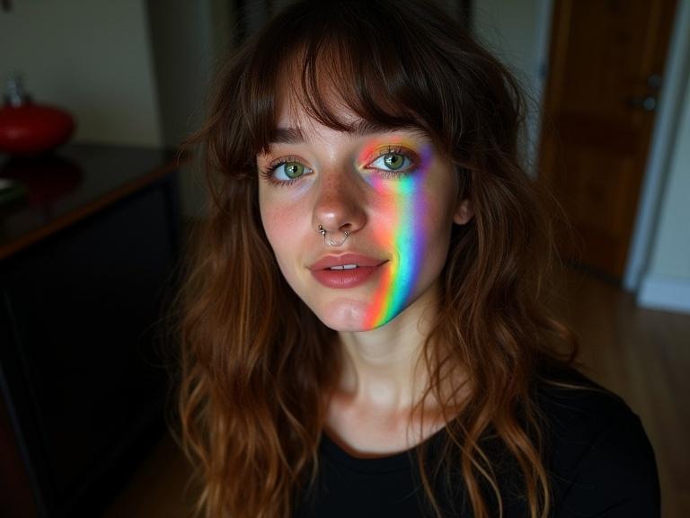 Photograph of a young woman with fair skin and green eyes. She stands in a dimly lit room. Long wavy brown hair with rainbow iridescent sheen. Bangs cover forehead. Nose piercing and labret piercing below bottom lip. Lips slightly parted with a subtle smile. Face illuminated by rainbow reflections creating colorful patterns. Wearing a black top. Dark background with wooden floor and door on the right. Furniture with dark surface and red object on the left. Green eyes look directly at camera. Rainbow reflections add vibrant contrast to pale skin. Focus on upper body and face with hair and piercings prominent. Dynamic effect from rainbow reflections.