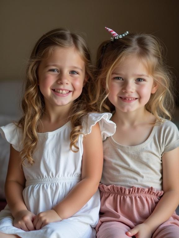A family photo of two young children sitting close together. One child wears a white dress and the other wears a beige shirt with pink pants. They sit on a light-colored sofa in a softly lit room. Their hair is styled with gentle curls.