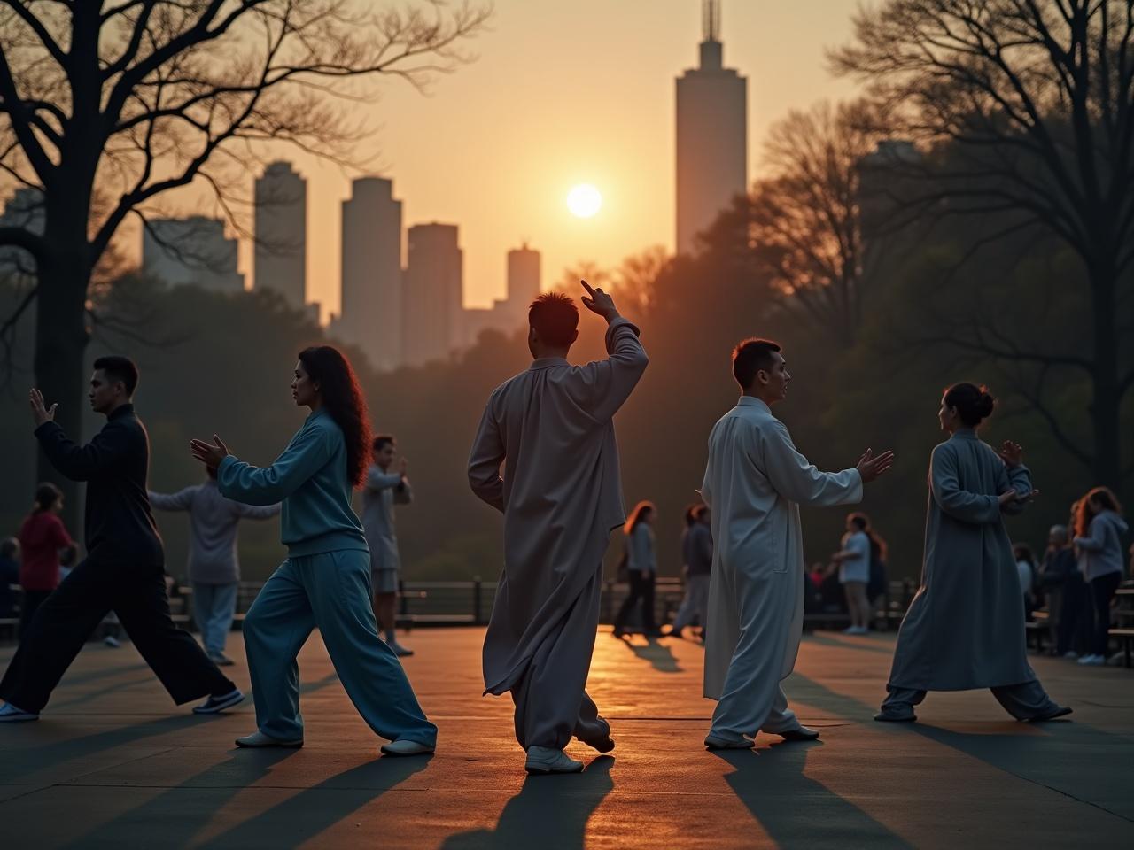 Cinematic image features a group of diverse Tai Chi Chuan practitioners performing in unison in New York's Central Park. Each person showcases a different posture from the five major family styles. Some practitioners are turned towards the camera, highlighting the global reach of the practice. The scene is set at the end of the day, illuminated by a bright moon during the 'magic hour'. The ambiance suggests a serene and harmonious atmosphere. The quality is hyperrealistic, as if shot on an Arriflex camera, capturing the movement and fluidity of Tai Chi.