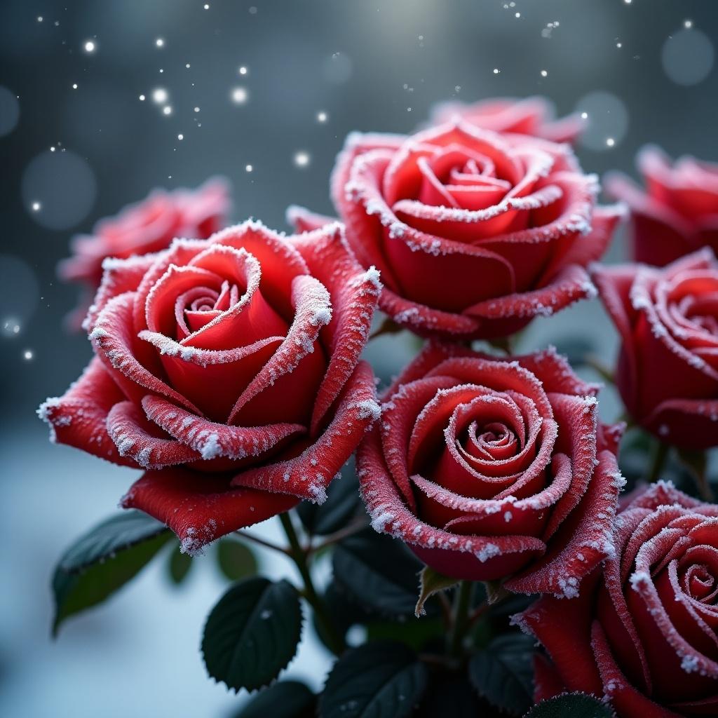 Red roses covered in snow with a glittering background. Beautiful winter scene. Close-up of frosty flowers.