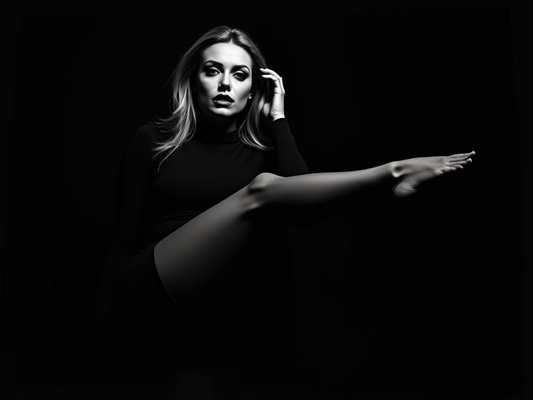 Create a black-and-white illustration of a confident woman in a dramatic pose. The lighting is directional and high-contrast, emphasizing her body and face. She wears a form-fitting dark outfit with a high neckline. One leg is extended while the other is tucked. Arms suggest adjustment of hair or gesturing. Her face has serious makeup, including winged eyeliner. The background is black, focusing on her silhouette. The mood is elegant and empowering, showcasing light and shadow interplay.