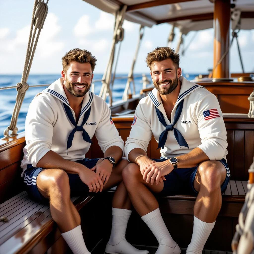 Two sailors smiling on a boat in snug attire. Bright blue ocean background. Sunlit scene on a sailing yacht.