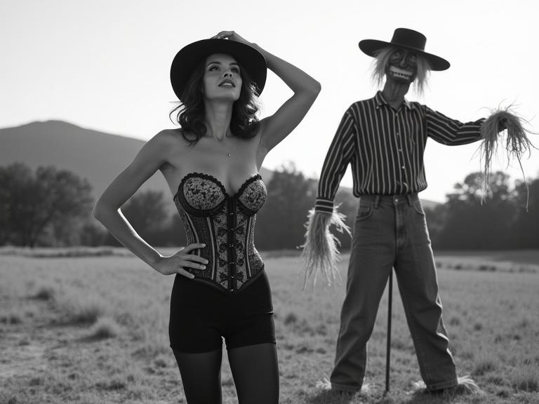 Setting in a rural field with a dry ground and distant hills. A confident woman poses with arms outstretched. She wears a vintage corset, black tights, and a wide-brimmed hat. A scarecrow stands beside her in rustic clothing, creating a contrast between life and stillness. The monochrome scheme evokes a timeless atmosphere. Lighting emphasizes both figures, blending playfulness with mystery.