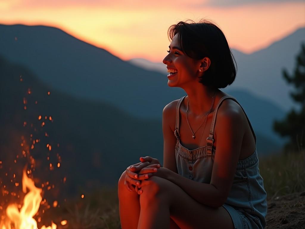 A young woman smiling and sitting beside a campfire at sunset, with mountains in the background. She is wearing a casual denim outfit and looks content and serene. The sky is tinged with warm colors, adding an inviting atmosphere to the scene.