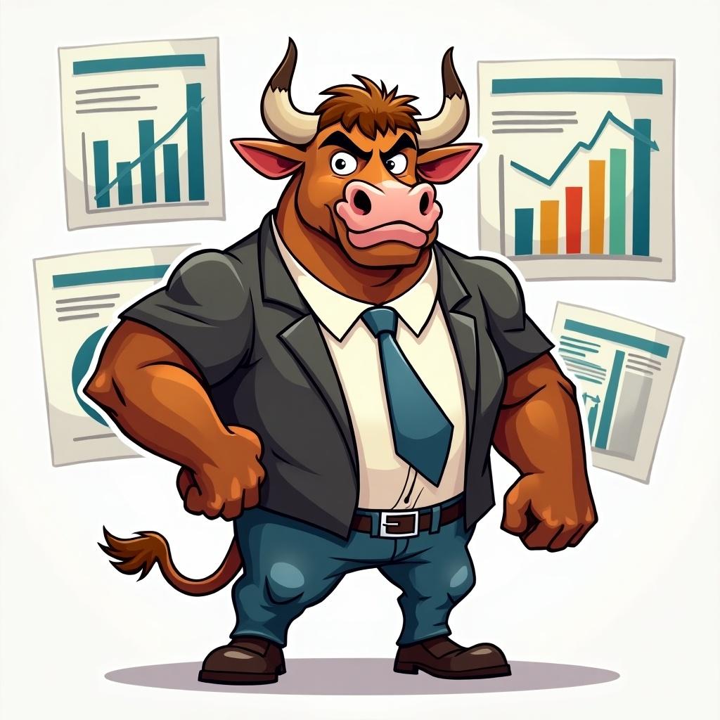 Cartoon character depicted as a bull in a business suit. The bull has an assertive pose and facial expression, symbolizing confidence in finance. Background features business graphs and data to emphasize the financial theme.