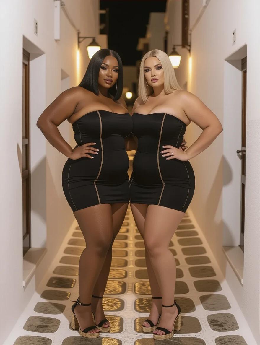Two women posing in a narrow alley. One woman has black skin and straight hair. The other has white skin and blonde hair. Both wear black strapless dresses and high heels. They stand together in a gloomy pose. The scene is set in Mykonos at night.