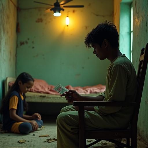 Bengali man sits on broken chair in dilapidated room. Cracked walls and low-hanging fan. Dim yellow bulb above. Man holds medicine bill. Frail mother lies on mattress behind. Young schoolgirl studies with candlelight. Somber atmosphere and emotional depth.