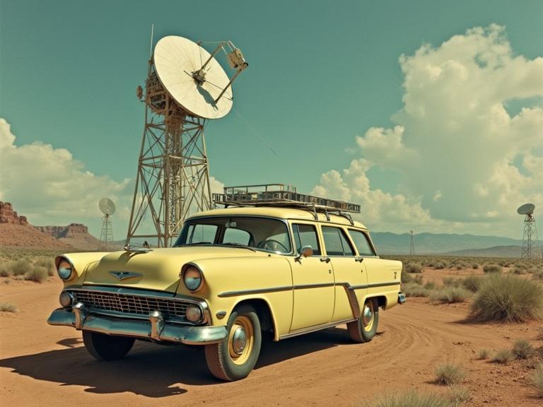 A vintage yellow station wagon parked in a desert landscape with satellite dishes in the background. The car is a 1965 model, showcasing the style of that era.